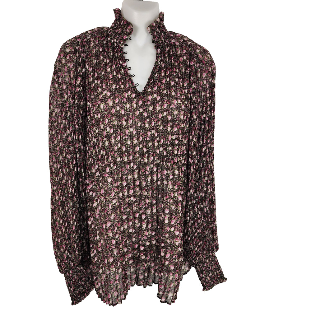 CABi Womens Floral Bloom Print Knife Pleat Blouse Top XXS Oversized Whimsical